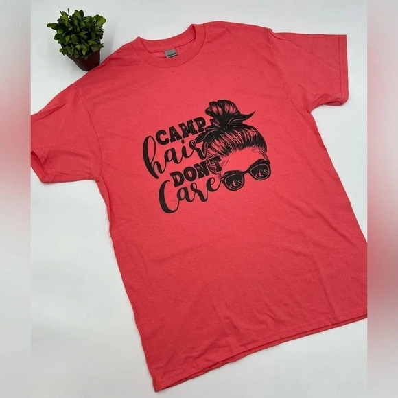 CAMP HAIR DON’T CARE T-Shirt Coral color Various Sizes NEW!! Summer Lake Camping - Picture 1 of 4